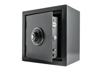 Dark gray safe with open door, showing dial, bolts, and secure inner workings