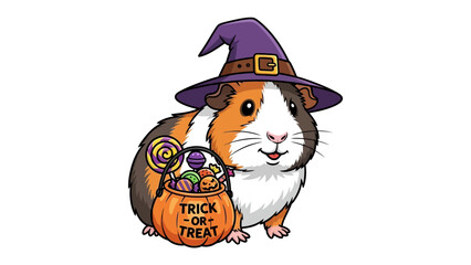 Spooky Guinea Pig with Witch Hat: A whimsical illustration featuring a charming guinea pig, adorned with a witch's hat, embodying the spirit of Halloween.
