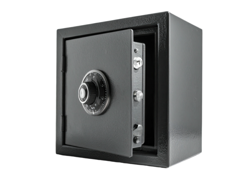 Dark gray safe with open door, showing dial, bolts, and secure inner workings