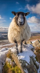 Obraz premium Close-up of a curious sheep standing on rocky hilltop with snow patches under a blue sky in open countryside landscape du daytime