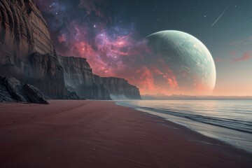 A beach with cliffs and a large planet visible in the sky with a nebula and a shooting star above