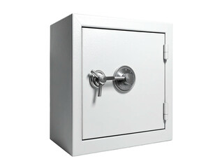 A white, metallic safe with a handle and key, against a black background