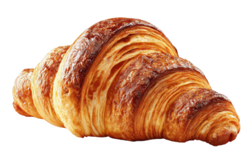 Close Up of Golden Brown Croissant with Flaky Texture on Transparent Background Detailed Pastry Delight Delicious Baked Goodness Warm Tone Studio Shot Food Still Life Artisan Bread