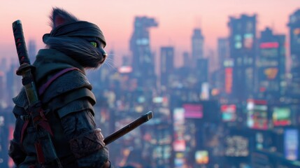 Obraz premium Samurai Ninja Cat Overlooking Cyber City at Sunset