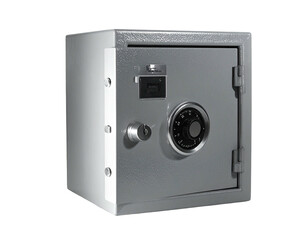 Gray, sturdy, steel box with locking mechanism, open door, and dial