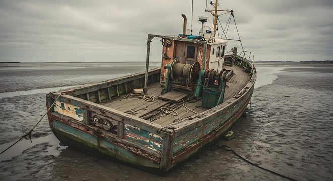Weathered fishing boat stranded on muddy shore under overcast sky