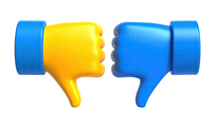 Two thumbs-down emoji hands, one yellow and one blue, facing each other