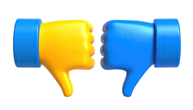 Two thumbs-down emoji hands, one yellow and one blue, facing each other