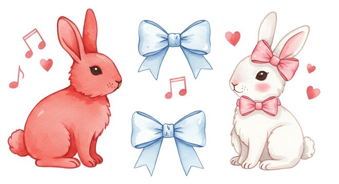 Watercolor bunny illustration with bows and musical notes design