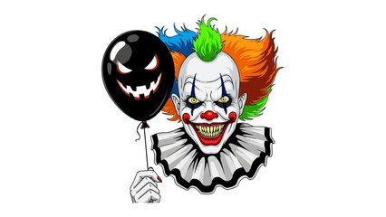 Scary Clown with Balloon: A terrifying clown, its face contorted into a sinister grin, clutches a menacing black balloon, ready to bring a frightful twist to your projects.