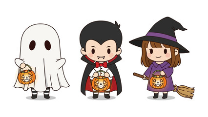 Spooky Halloween Trio: An adorable ghost, vampire, and witch pose side-by-side in their costumes, each holding a festive jack-o'-lantern, spreading Halloween spirit.
