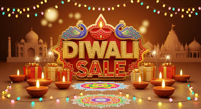 Ornate 3D Diwali Sale banner with glowing clay diyas, gift boxes, and rangoli for the Indian festival of lights shopping promotion. - Powered by Adobe
