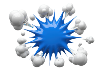Isolated cartoon explosion graphic, blue impact shape surrounded by puffy smoke bursts