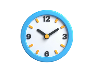 A bright blue-rimmed clock displays the time, its hands pointing at ten past two