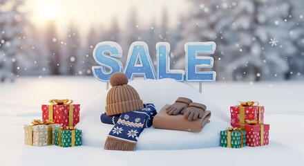 Winter clothing and Christmas gift sale promotion banner with a snowy forest background. 3D render of a festive holiday shopping scene with warm apparel on display amidst falling snow.