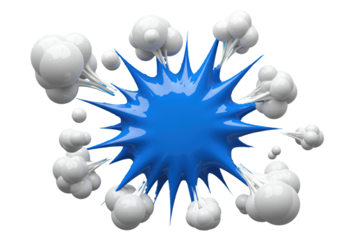 Isolated cartoon explosion graphic, blue impact shape surrounded by puffy smoke bursts - Powered by Adobe