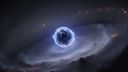 A stunning bright blue spiral galaxy swirls in the deep night sky, a cosmic fantasy of stars, planets, and light