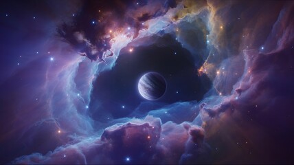 A stunning bright blue spiral galaxy swirls in the deep night sky, a cosmic fantasy of stars, planets, and light