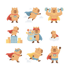 Cute cartoon capybaras as superheroes in various dynamic poses, suitable for childrens products, stationery, apparel, and social media.