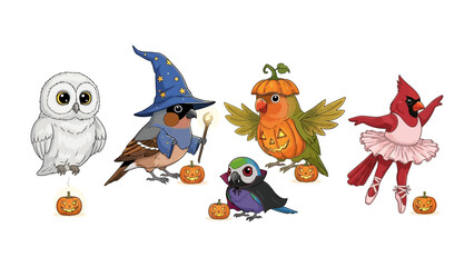 Naklejka premium Spooky Aviary: A whimsical illustration presents a charming group of Halloween-themed birds, with intricate costumes and accessories, capturing the festive spirit and charm. 
