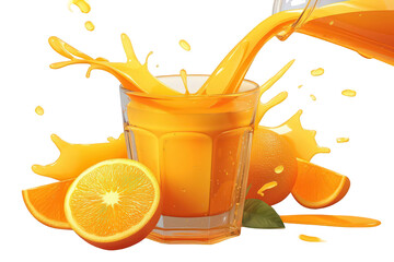 Vibrant Orange Juice Pour with Splashes in Transparent Glass Cup Surrounded by Fresh Sliced Oranges Against Transparent Backdrop Highlighting Colors and Dynamic Movement