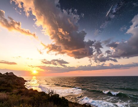 Dramatic sunset over a turbulent sea, with a starry night sky blending in - Powered by Adobe