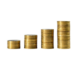 Four stacks of gold coins, increasing in height, isolated on black background