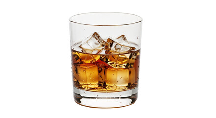 Classic whiskey drink with ice served in a clear glass on a transparent background