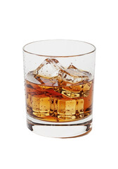 Whiskey with ice in a clear glass on a warm evening. transparent background