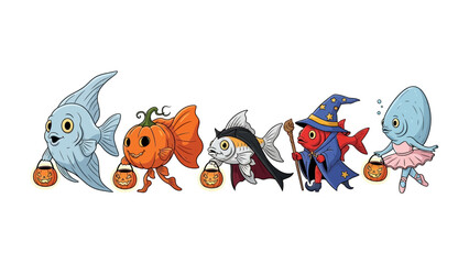 Halloween Fish Parade: A whimsical illustration of diverse fish characters, each adorned in unique costumes, playfully parading with their treat buckets for the joyous Halloween celebration.
