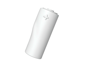 An isolated white AA battery, slightly tilted against a pure black background