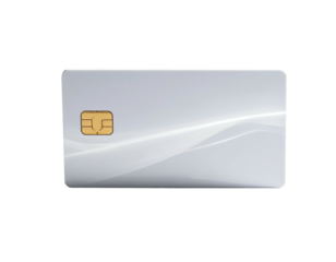 Futuristic white card with golden chip and flowing wave detail