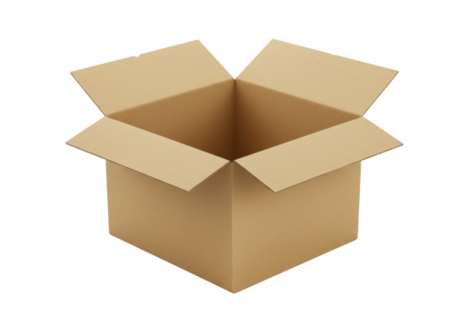 Isolated open cardboard box for packing goods and shipping items, brown, medium-sized