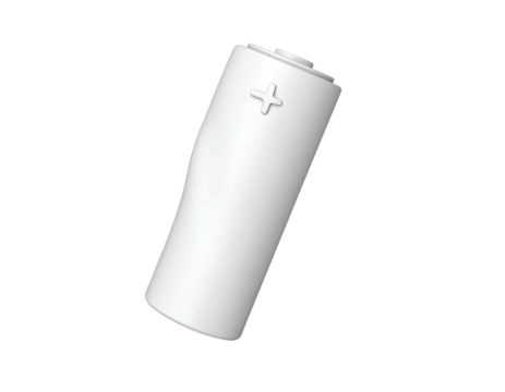 An isolated white AA battery, slightly tilted against a pure black background