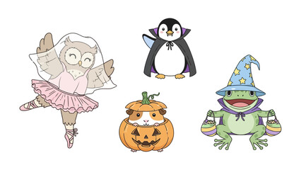 Obraz premium Whimsical Halloween Characters: A delightful cartoon illustration showcases an owl in a tutu, a vampire penguin, a guinea pig inside a pumpkin, and a wizard frog.