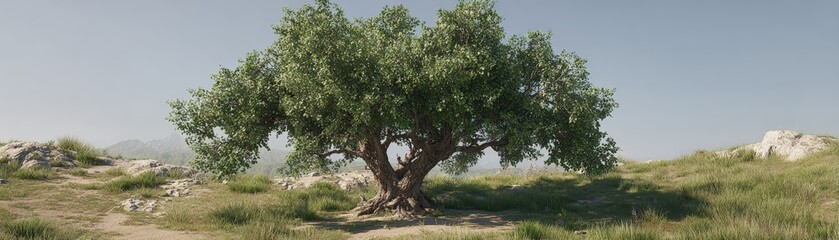 Obraz premium Large Lush Green Tree with Dense Foliage Standing Alone in Open Field on Clear Day with Blue Sky and Rocky Terrain in Background