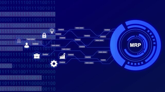 Futuristic Digital Display with Binary Code and MRP Acronym technology interface
