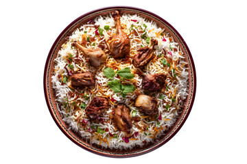 Top view of chicken biryani bowl isolated on transparent background, traditional South Asian rice and meat dish for restaurant, menu and food concept

