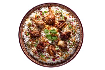 Top view of chicken biryani bowl isolated on transparent background, traditional South Asian rice and meat dish for restaurant, menu and food concept

