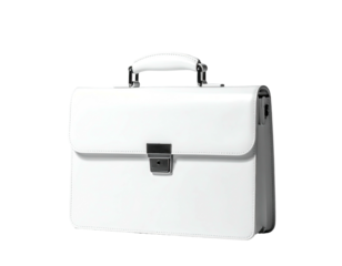White briefcase with silver handle and clasp against a black background