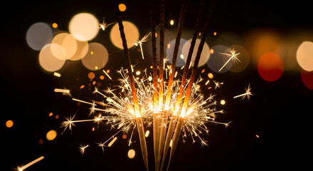Obraz premium A festive bouquet of burning sparklers illuminates the night with a shower of golden sparks against a warm bokeh lights background.