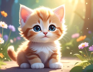 Adorable Orange Kitten in a Flower Garden.
