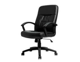 Office chair, black leather upholstery, armrests, five-star base, adjustable height, isolated