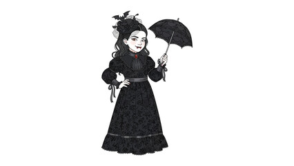 Vintage Lady with Umbrella: A meticulously drawn image of an elegant woman from a bygone era, dressed in a Victorian-style gown, gracefully holding a parasol.