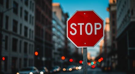 Stop sign in urban environment traffic control and road safety concept