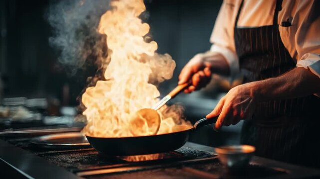 Culinary Blaze: A chef masterfully wields a spatula, orchestrating a mesmerizing dance of flames in a sizzling pan, creating an enchanting image of gastronomic artistry and skill.