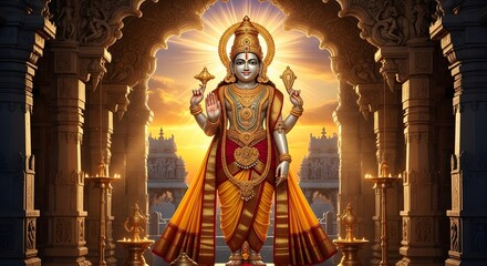 Obraz premium Hindu Goddess Statue Standing in Ornate Temple with Golden Light and Architectural Details