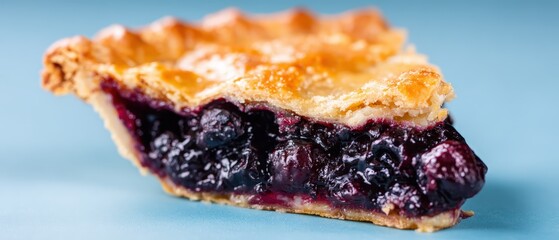 Delicious homemade blueberry pie slice with golden crust and vibrant purple filling on light blue background