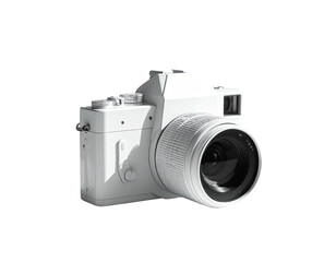 A white camera, lens facing forward, casting a shadow, on a black background