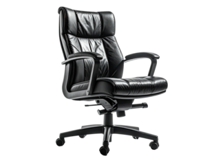 High-back executive office chair with black leather, isolated on black background